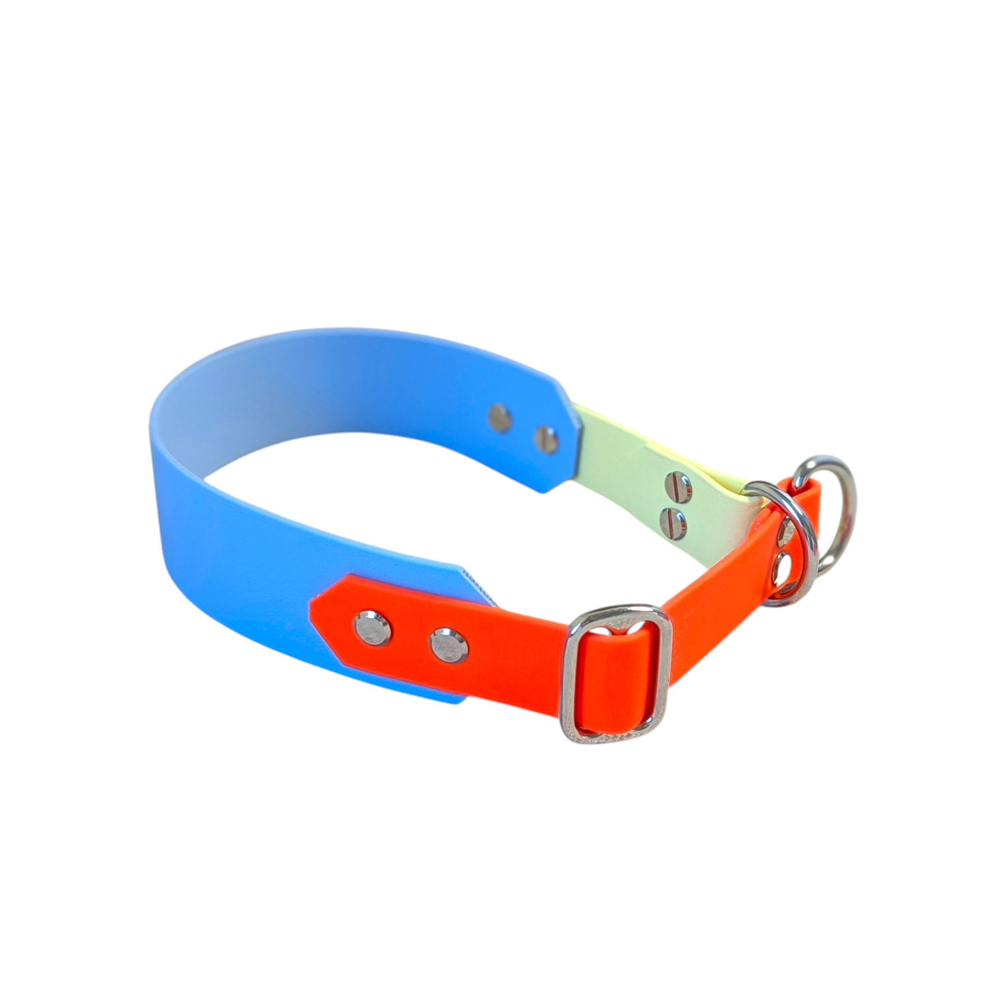 Biothane® Halsband Zugstopp Twin breit, polarblau x neonorange x pastellgelb