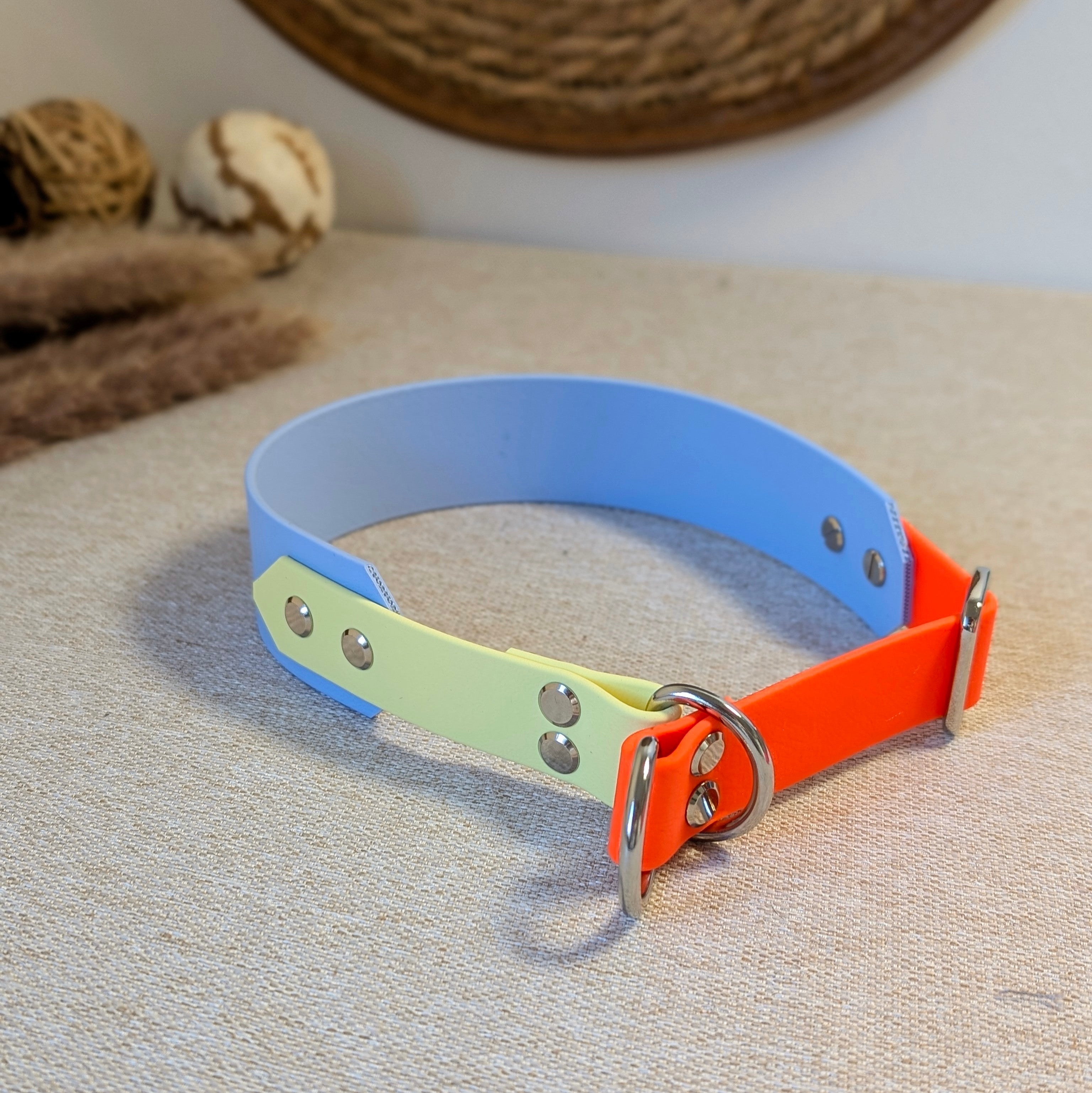 Biothane® Halsband Zugstopp Twin breit, polarblau x neonorange x pastellgelb