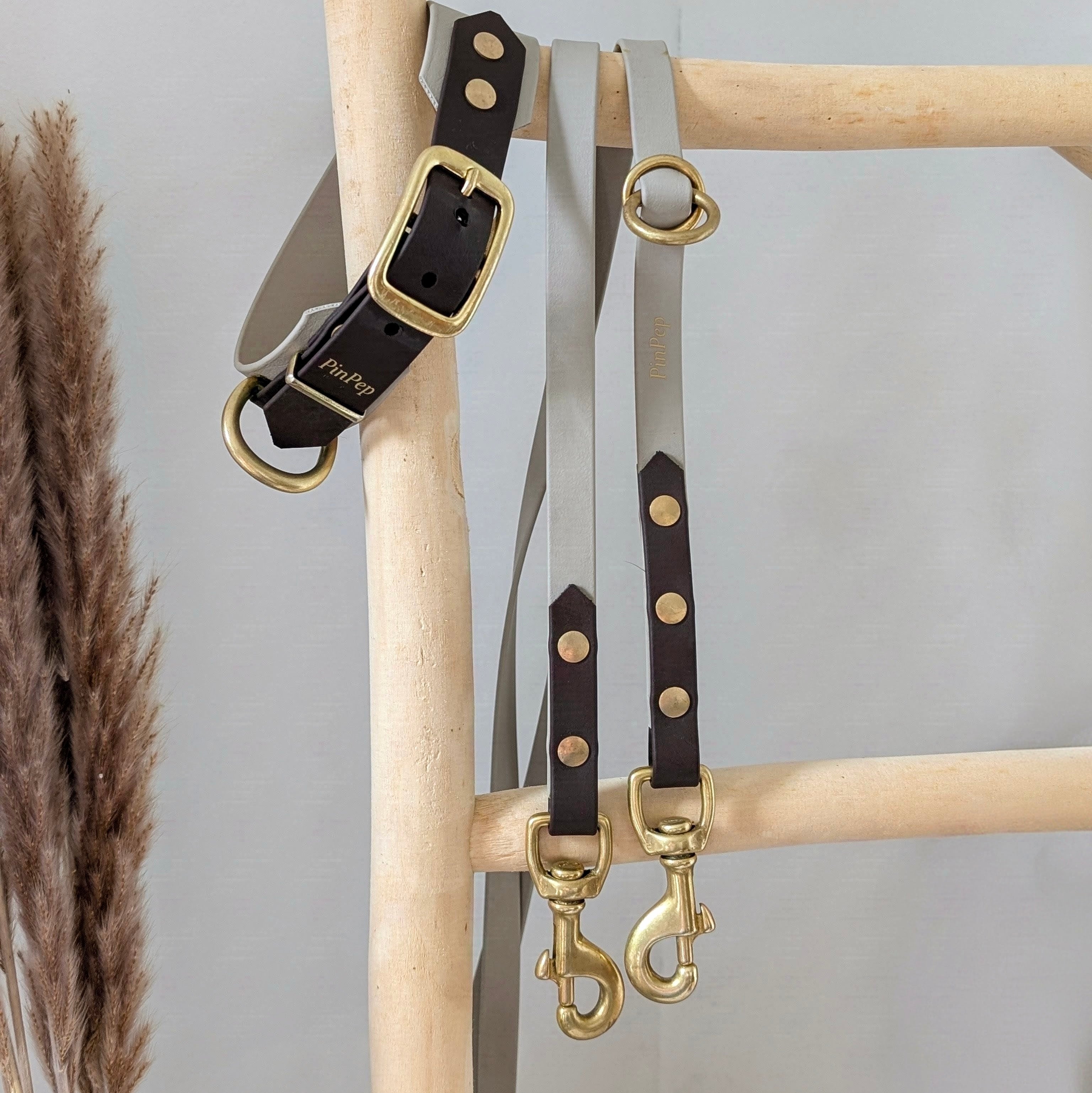 Halsband und Leine aus Biothane in taupe und dunkelbraun